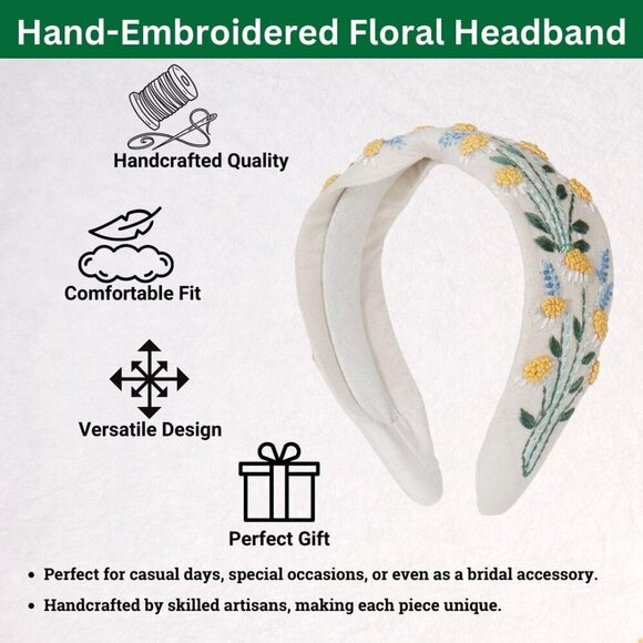 Hand Embroidered Floral Headband Cotton Holiday Hair Accessory Women Girls main image 4